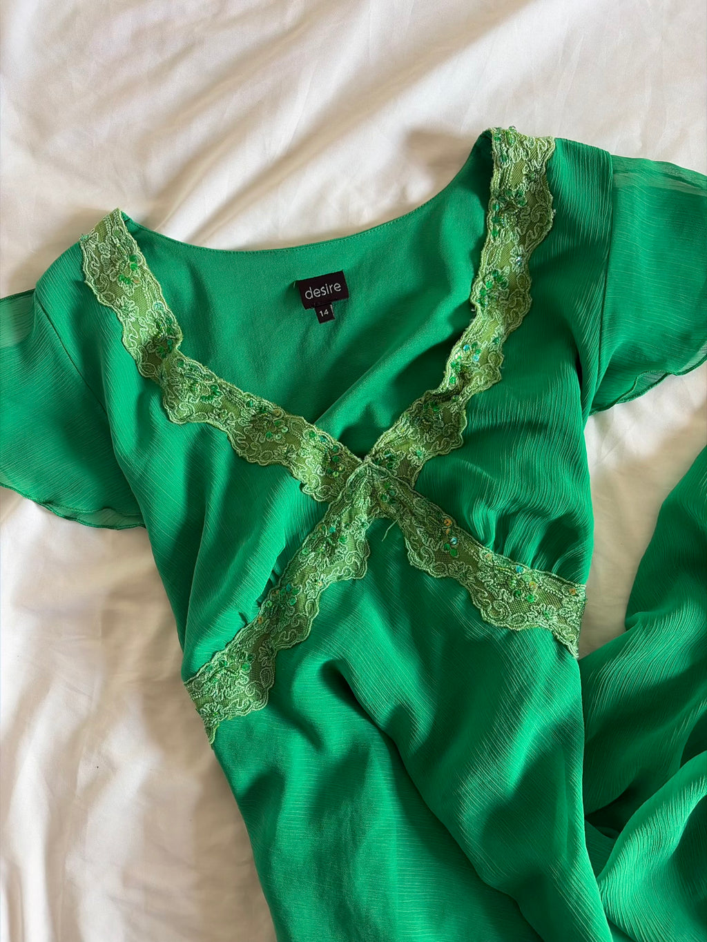 Vintage 1990s Green Handkerchief Hem Dress with Lace and Sequins