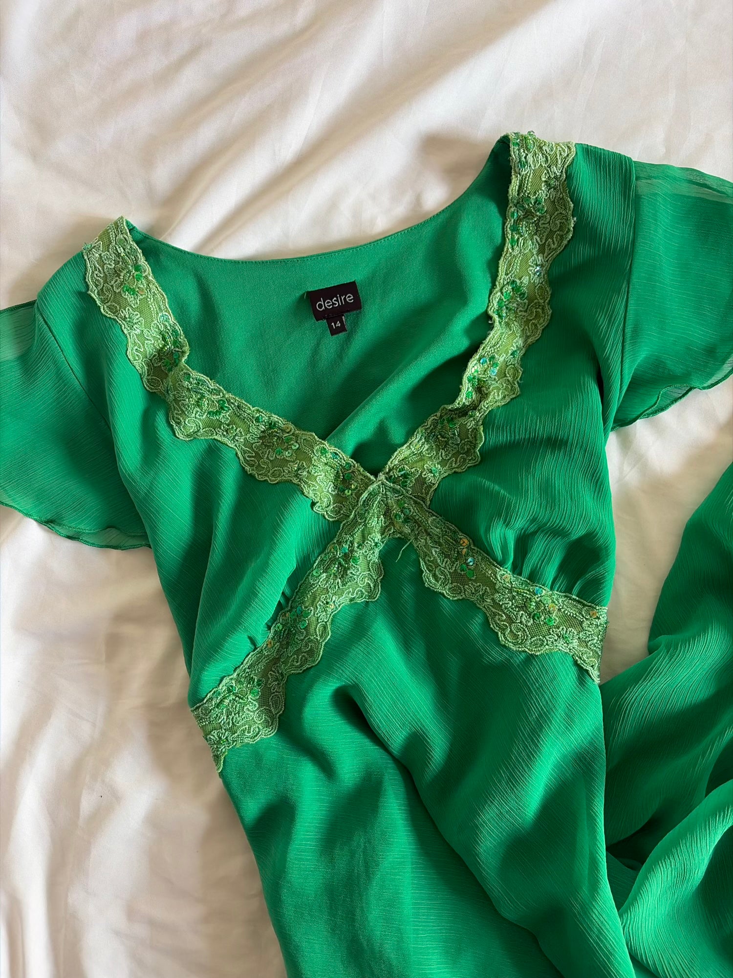 Vintage 1990s Green Handkerchief Hem Dress with Lace and Sequins