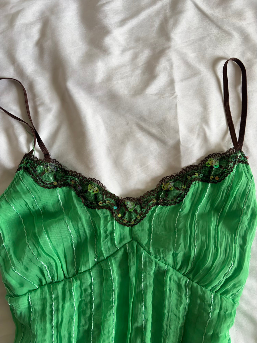 Vintage Y2K green sequin cami with brown lace detail and straps