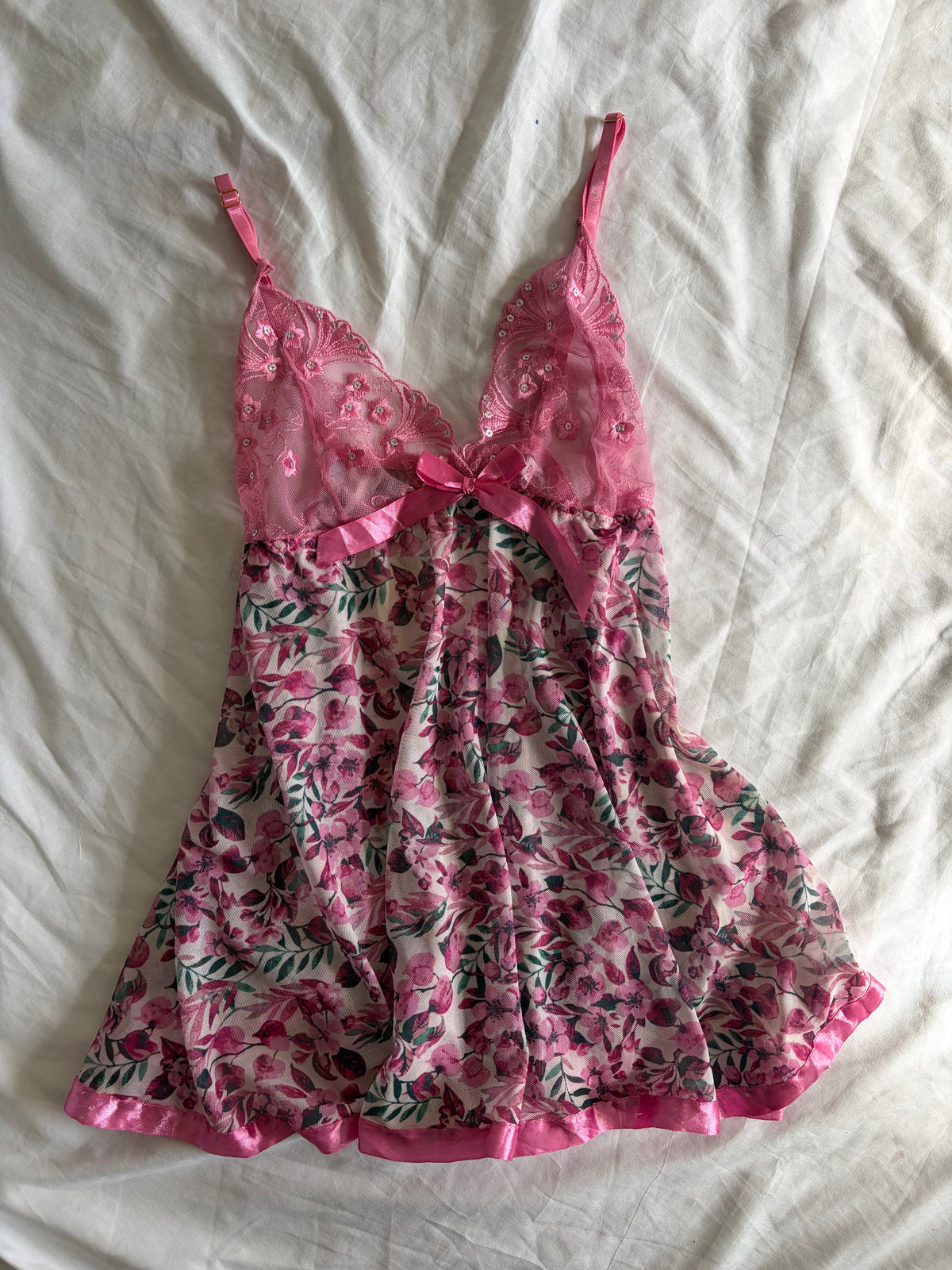 Vintage 2000s Pink Floral Babydoll with Sequin-Embroidered Cups