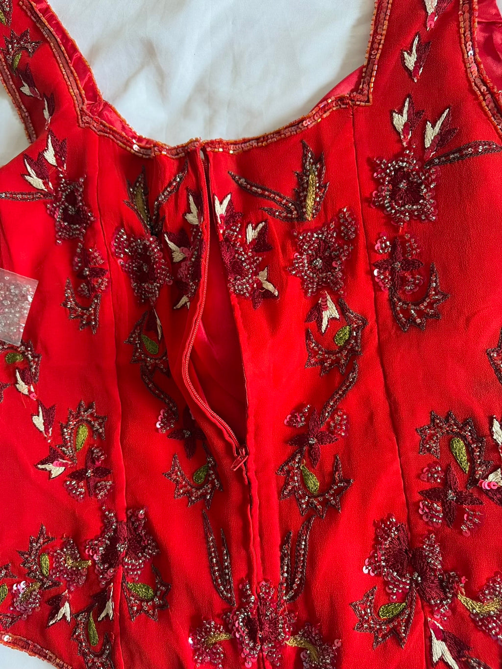 Vintage Y2K Silk Red Beaded and Sequin Basque Waist Top