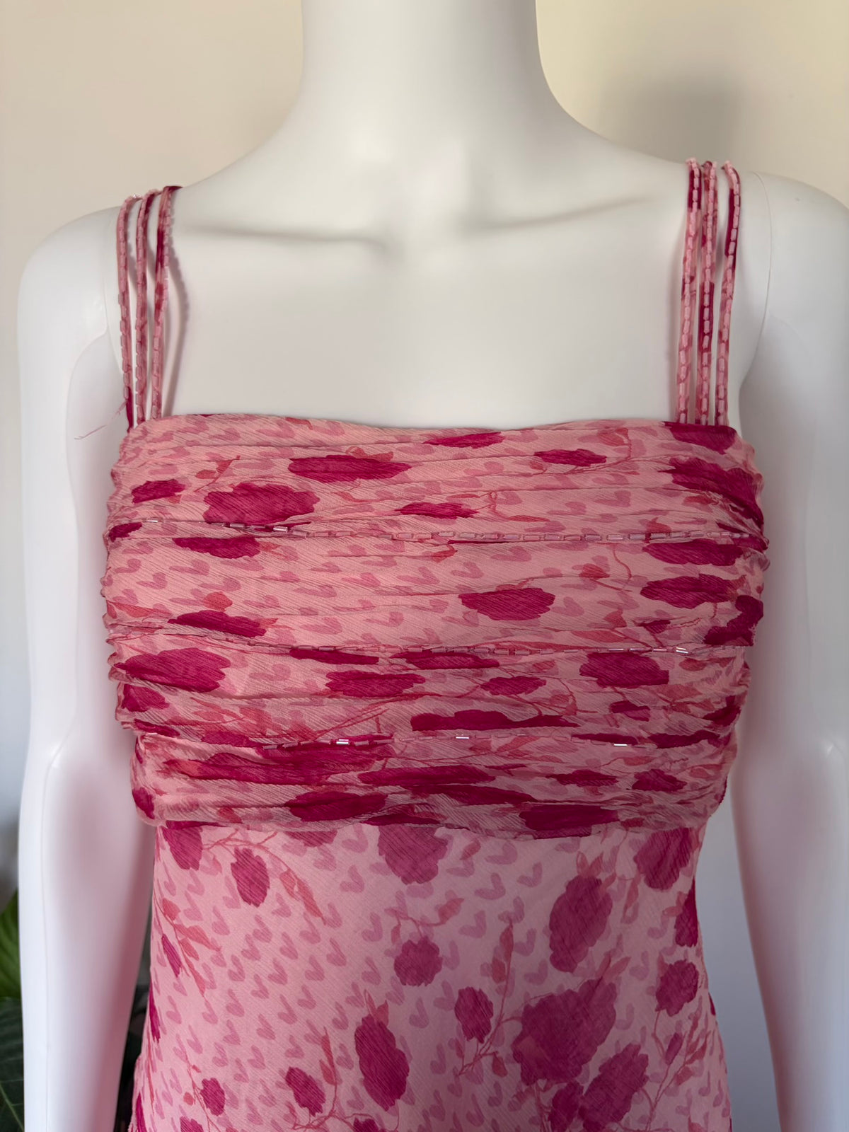 Vintage 2000s Silk Pink Floral Beaded Fairy Dress, Size 8-10