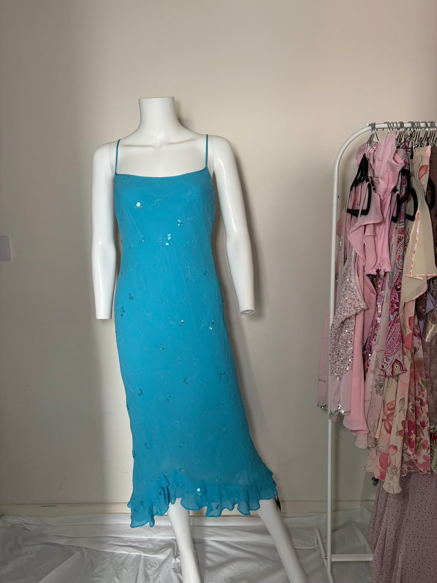 Vintage 1990s Turquoise Silk Asymmetrical Hem Dress with Mini Flowers and Beads