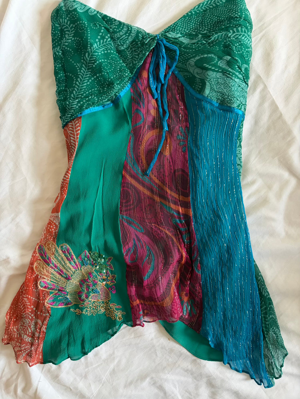 Vintage 2000s Silk Patchwork Handkerchief Hem Cami with Sequins and Beaded Straps
