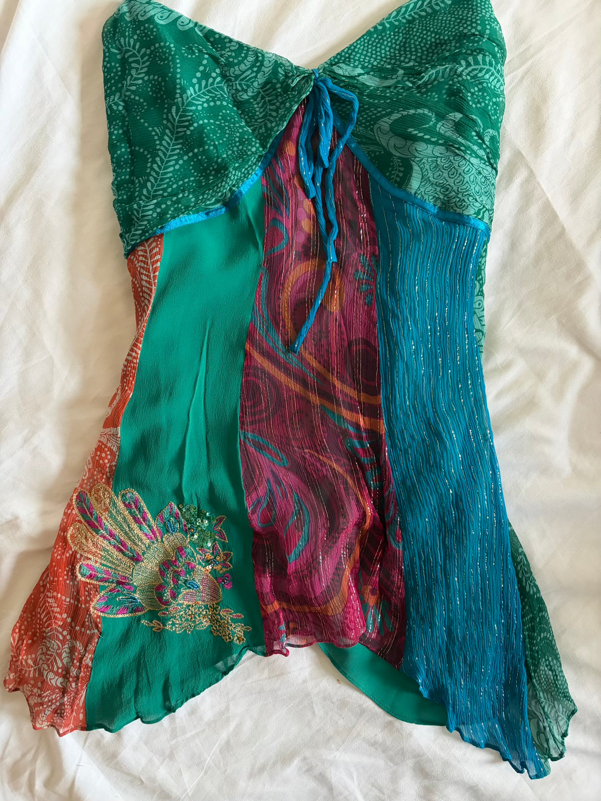 Vintage 2000s Silk Patchwork Handkerchief Hem Cami with Sequins and Beaded Straps