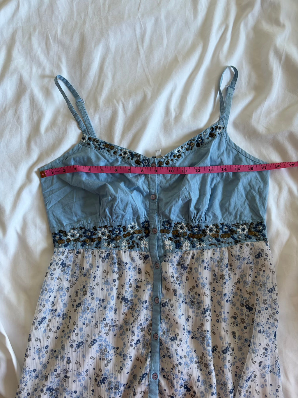 Vintage Y2K blue floral babydoll mini dress with embellishment and ruffle hem