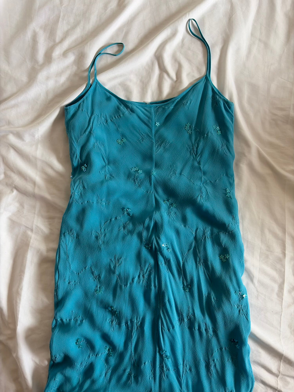 Vintage 1990s Turquoise Silk Asymmetrical Hem Dress with Mini Flowers and Beads