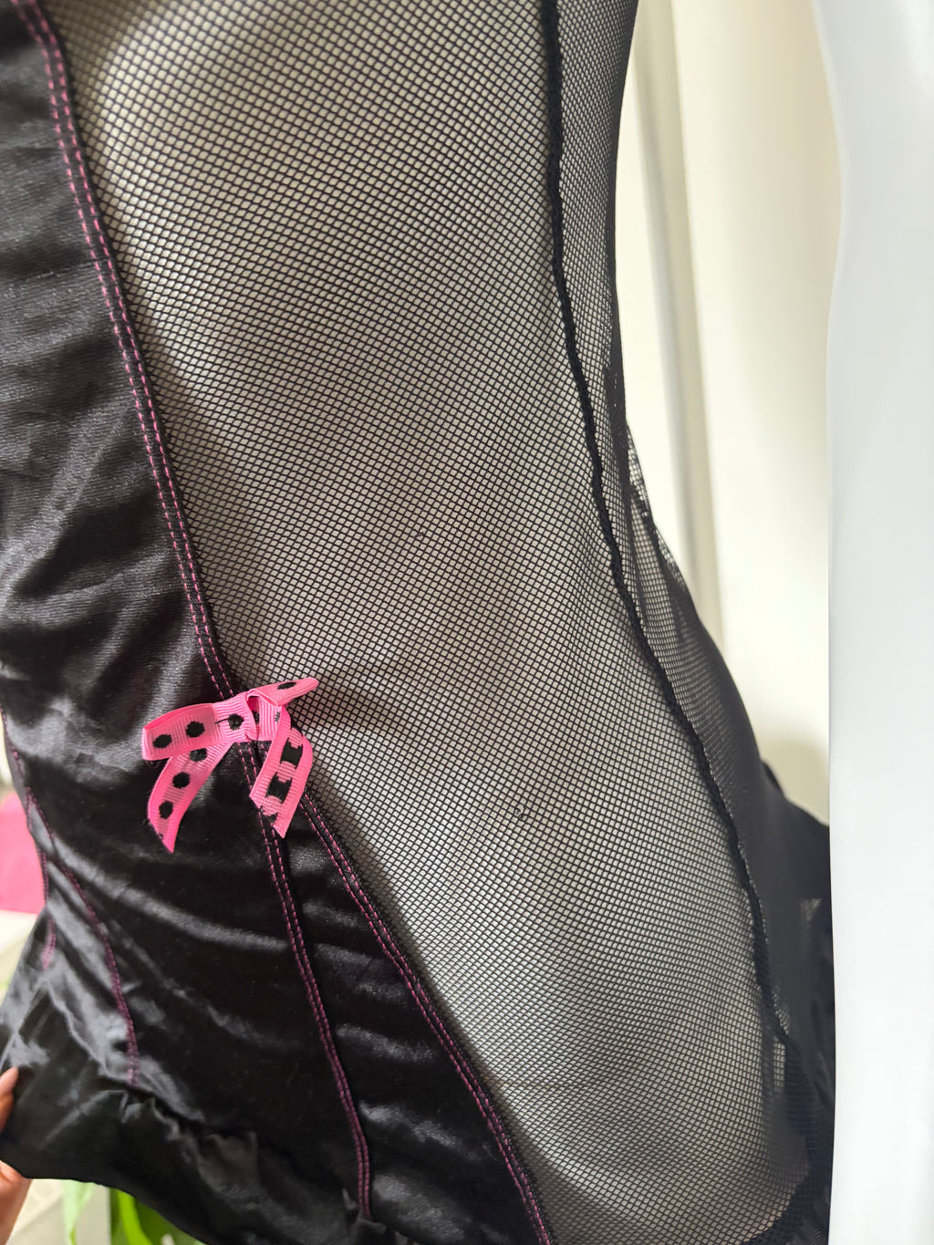Vintage 2000s Black Babydoll with Hot Pink Contrast and Polka Dot Bows