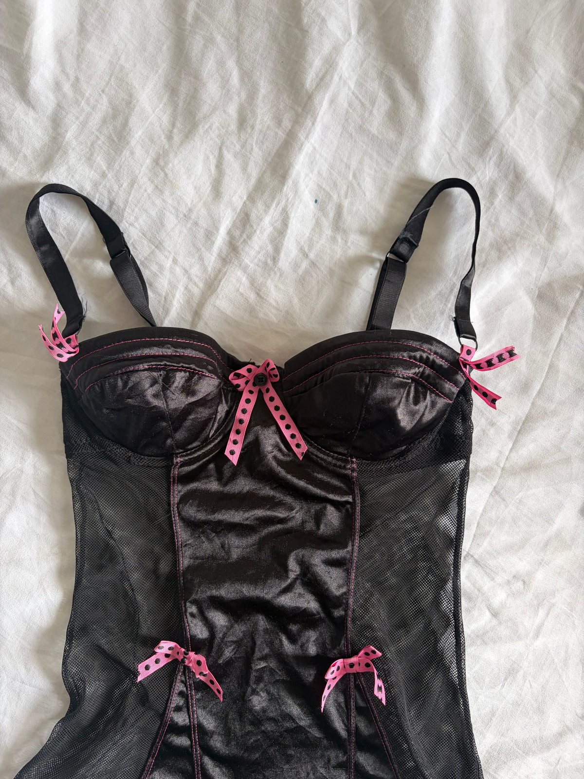 Vintage 2000s Black Babydoll with Hot Pink Contrast and Polka Dot Bows