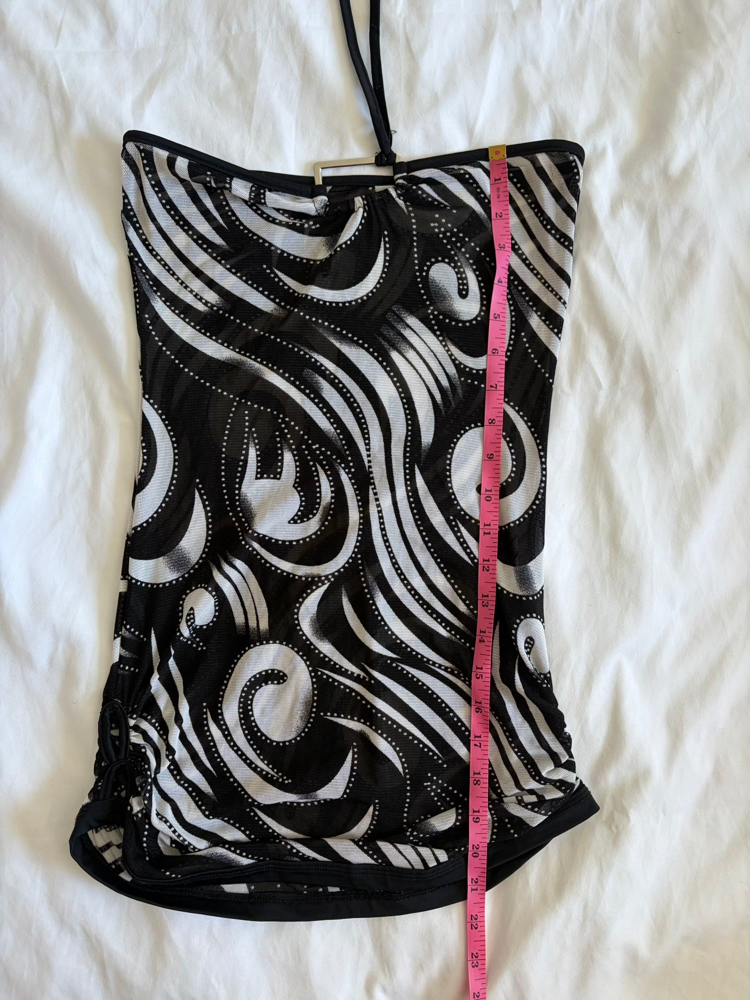 Vintage Y2K mesh black abstract bandeau cover up with o ring style detail and side ruching