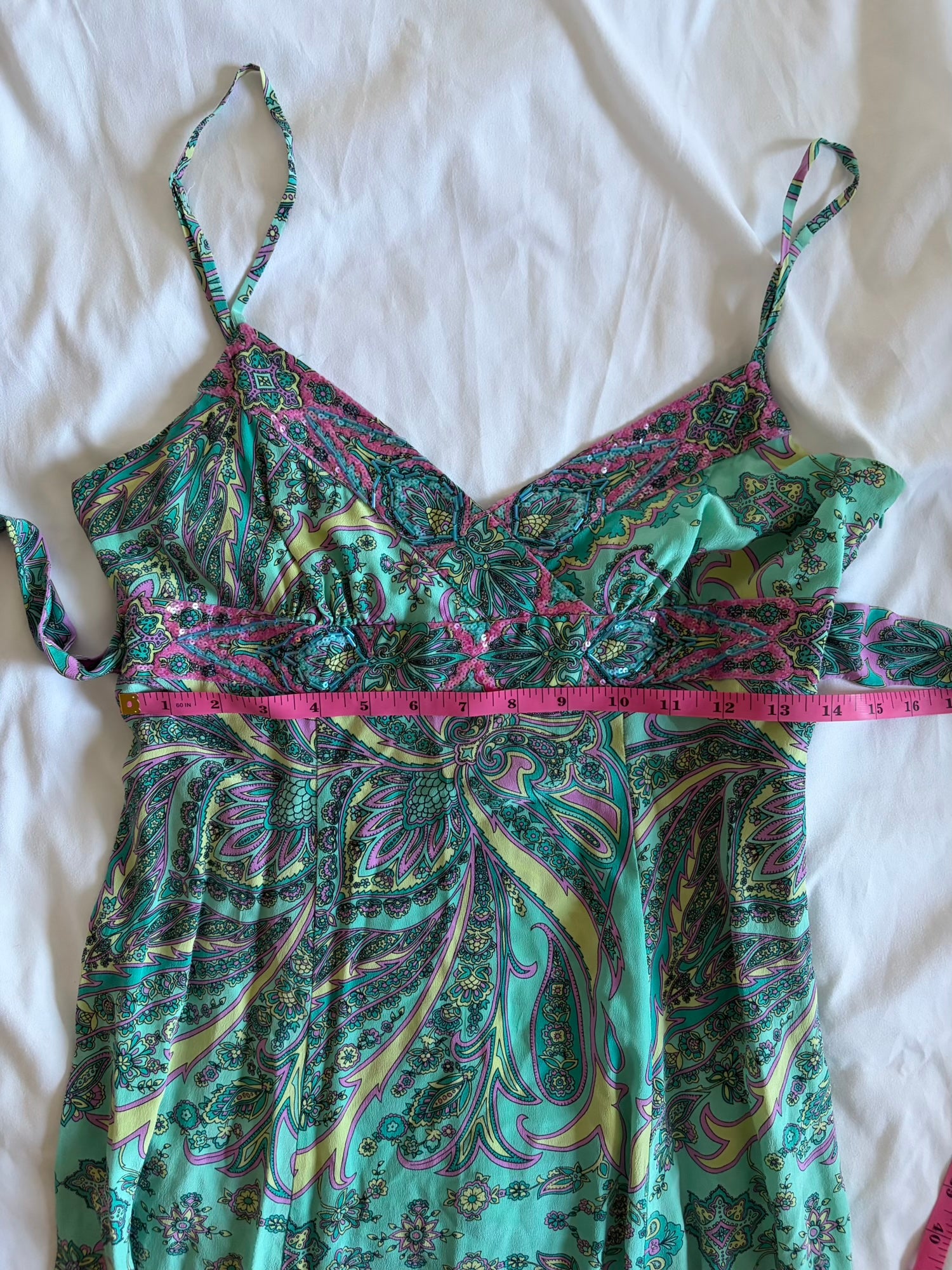 Vintage Y2K paisley silk tie back midi dress with beaded and sequin detail and handkerchief hem