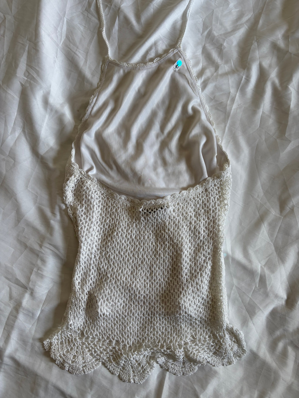Vintage Y2K White Iridescent Sequin Crochet Openback Halterneck Cami