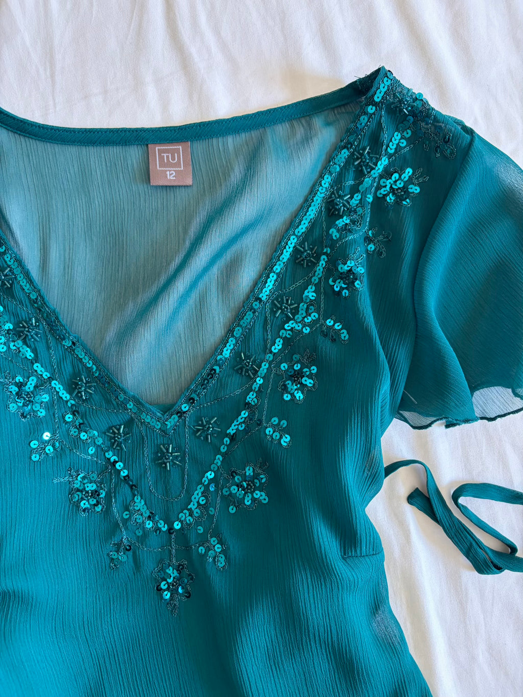 Vintage Y2K Teal Sequin Top with Side Ties and Built-In Cami