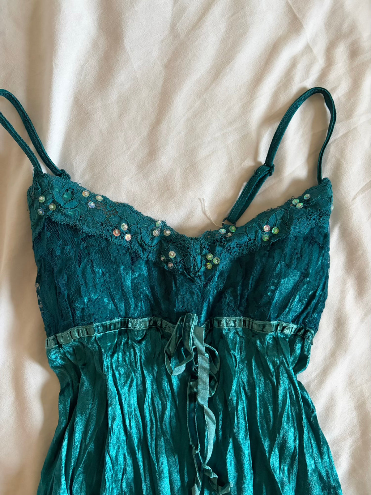 Vintage 2000s Teal Velvet Cami with Sequins, Beads and Ribbon Detail