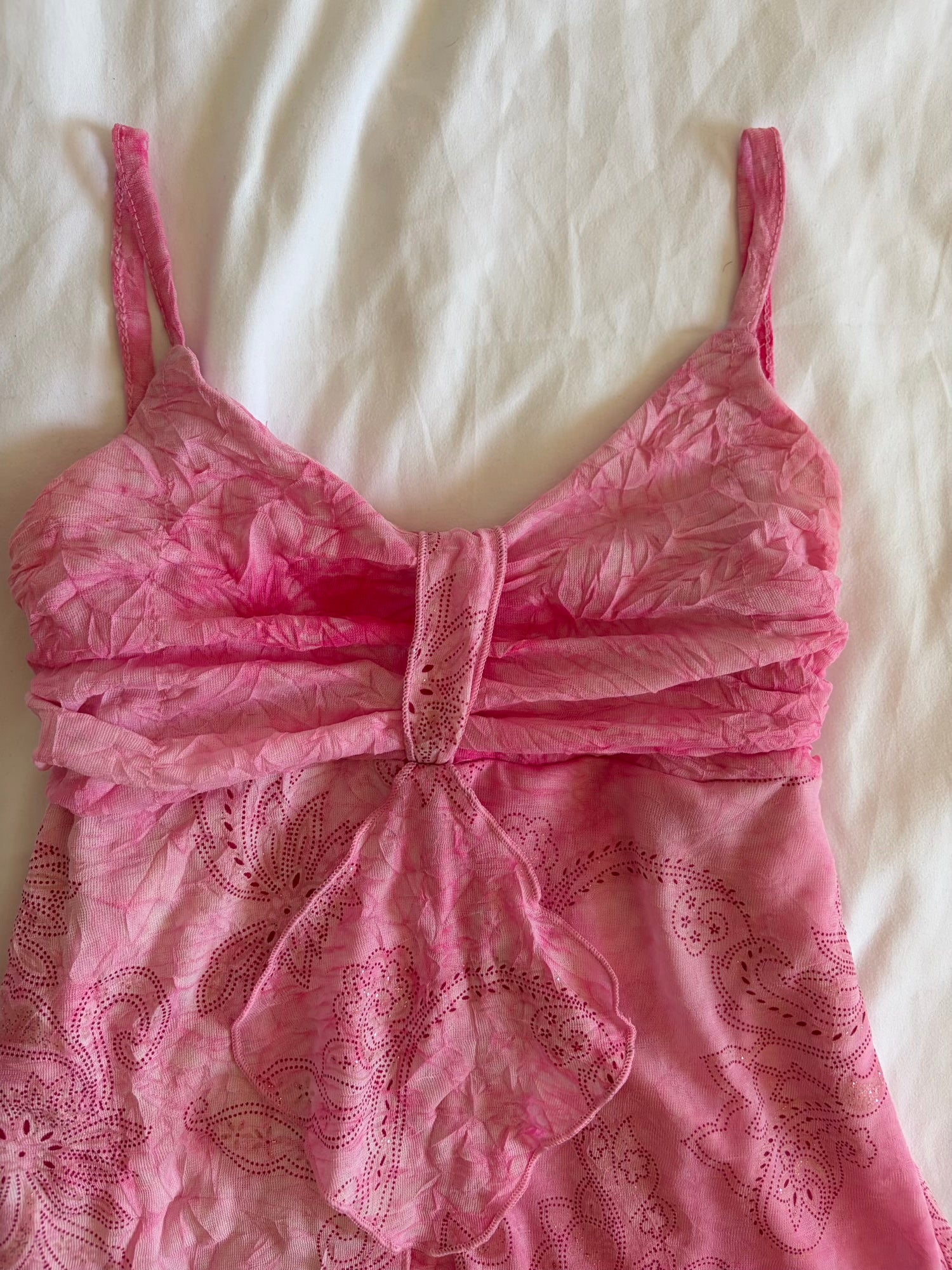 Vintage pink knot bust cami with floral print and sparkly detail and lettuce hem