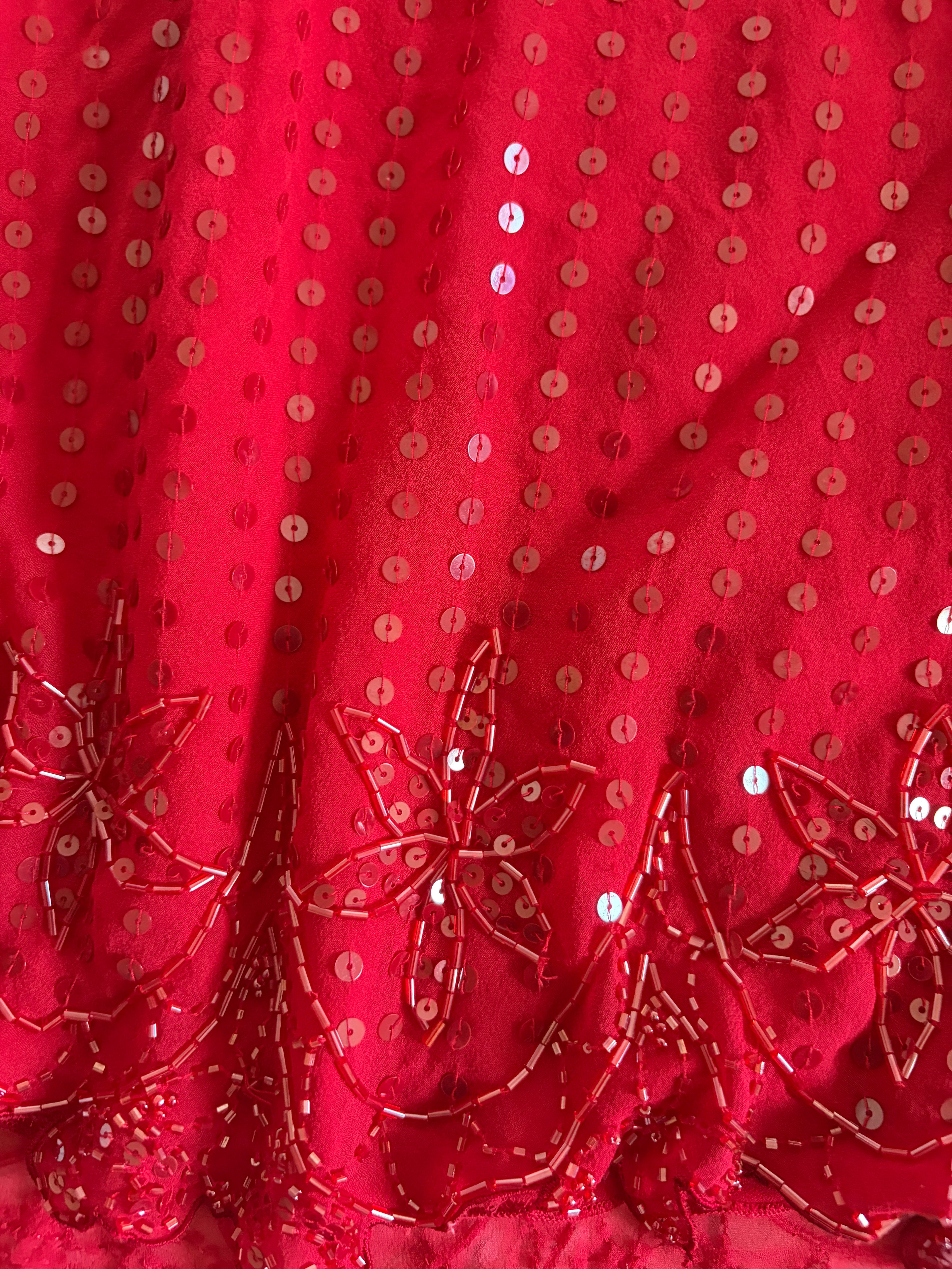 Vintage Y2K Silk Red Sequin and Beaded Cap Sleeve Top