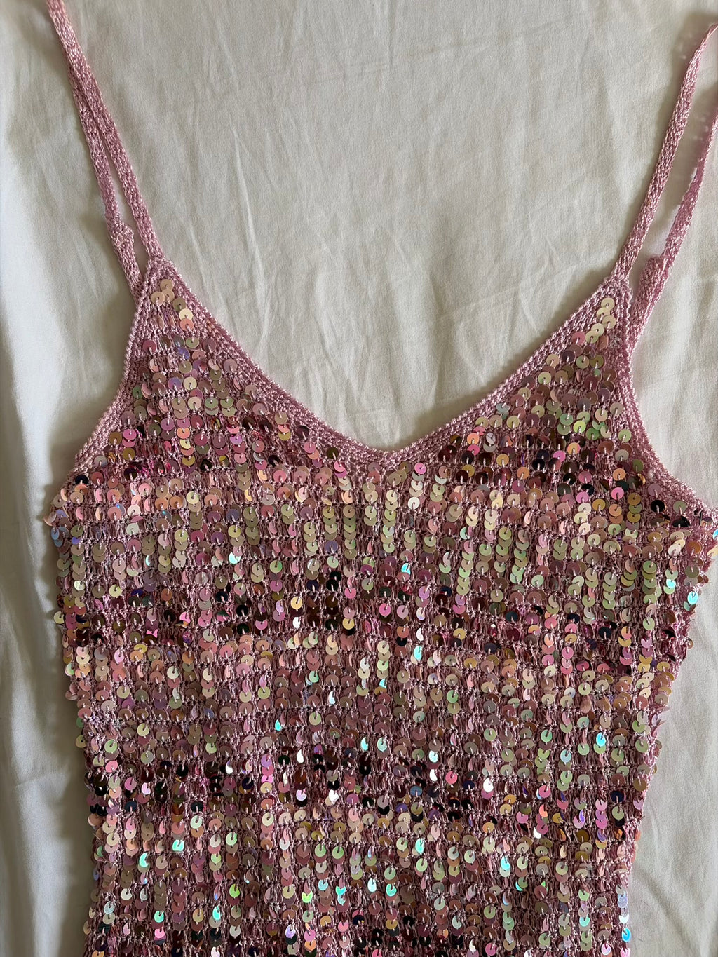 Vintage Y2K Pink Crochet Striped Sequin Cami