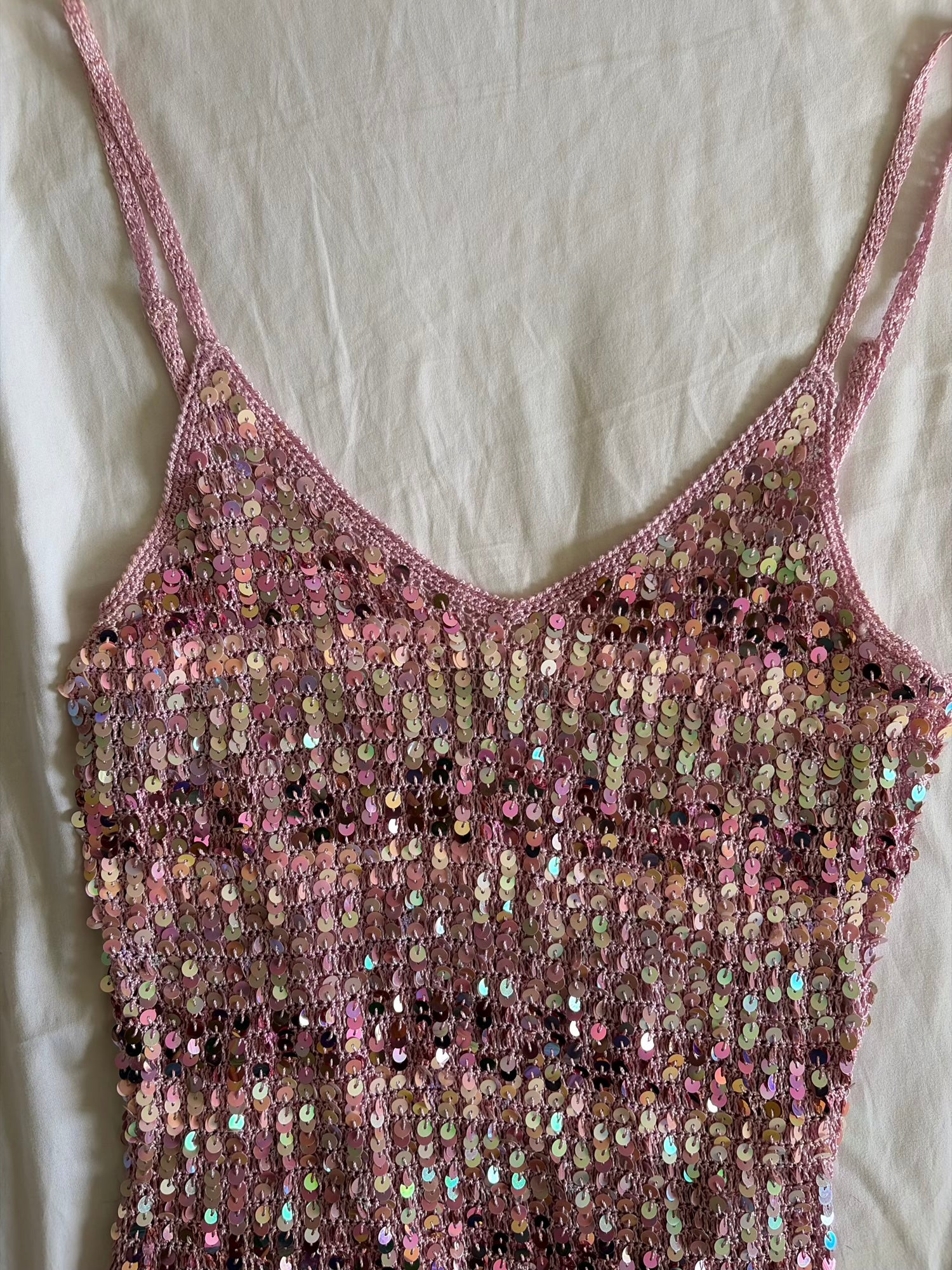 Vintage Y2K Pink Crochet Striped Sequin Cami