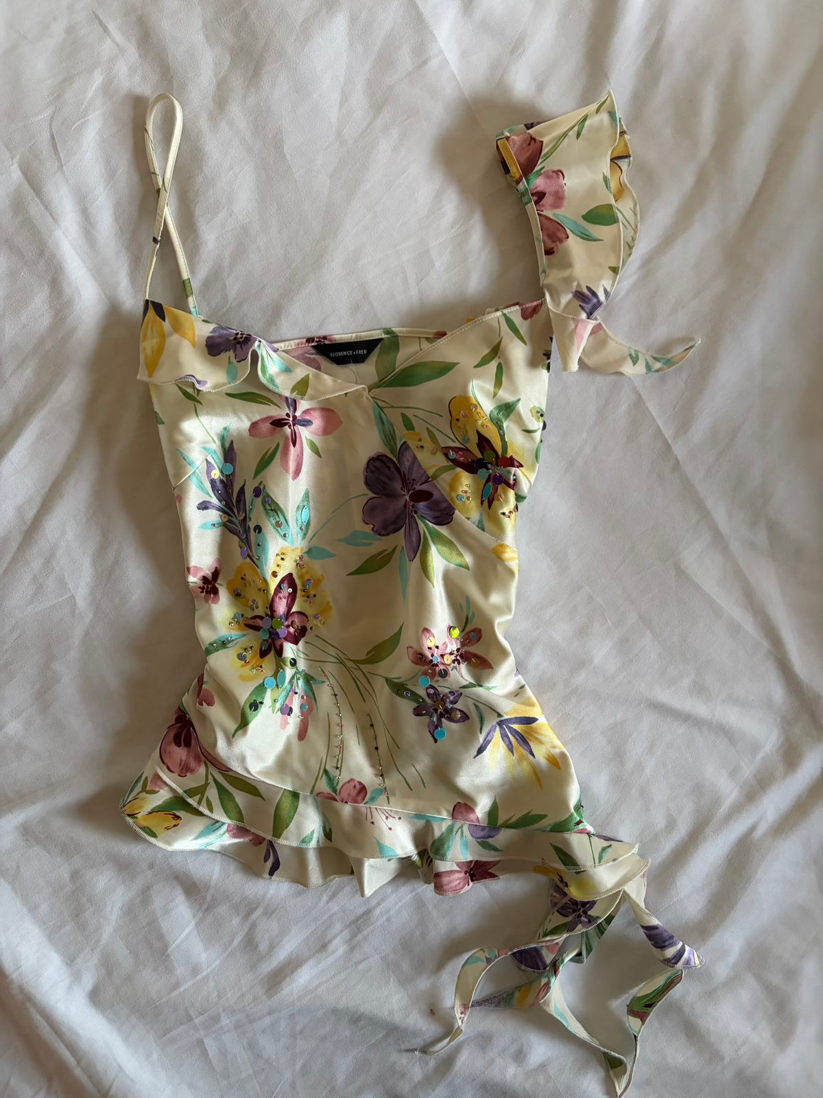 Vintage 1990s Floral Asymmetrical Hem Cami with Sequins and Frilly Hem