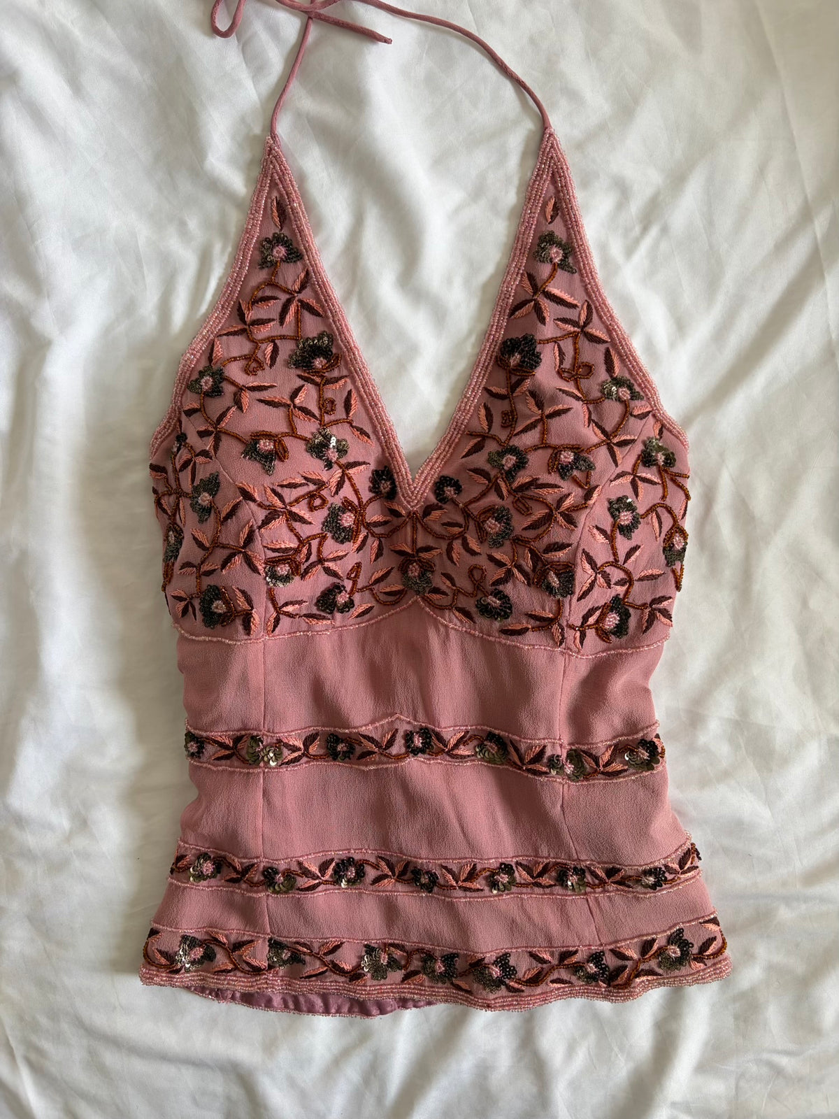 Vintage 2000s Aftershock Silk Dusty Pink Beaded Corset-Style Halter