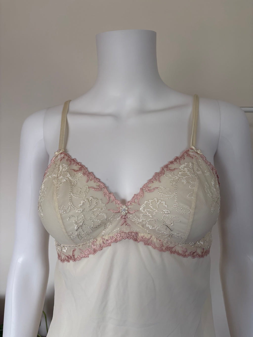 Vintage 1990s Beige Slip with Rose Pink Embroidery