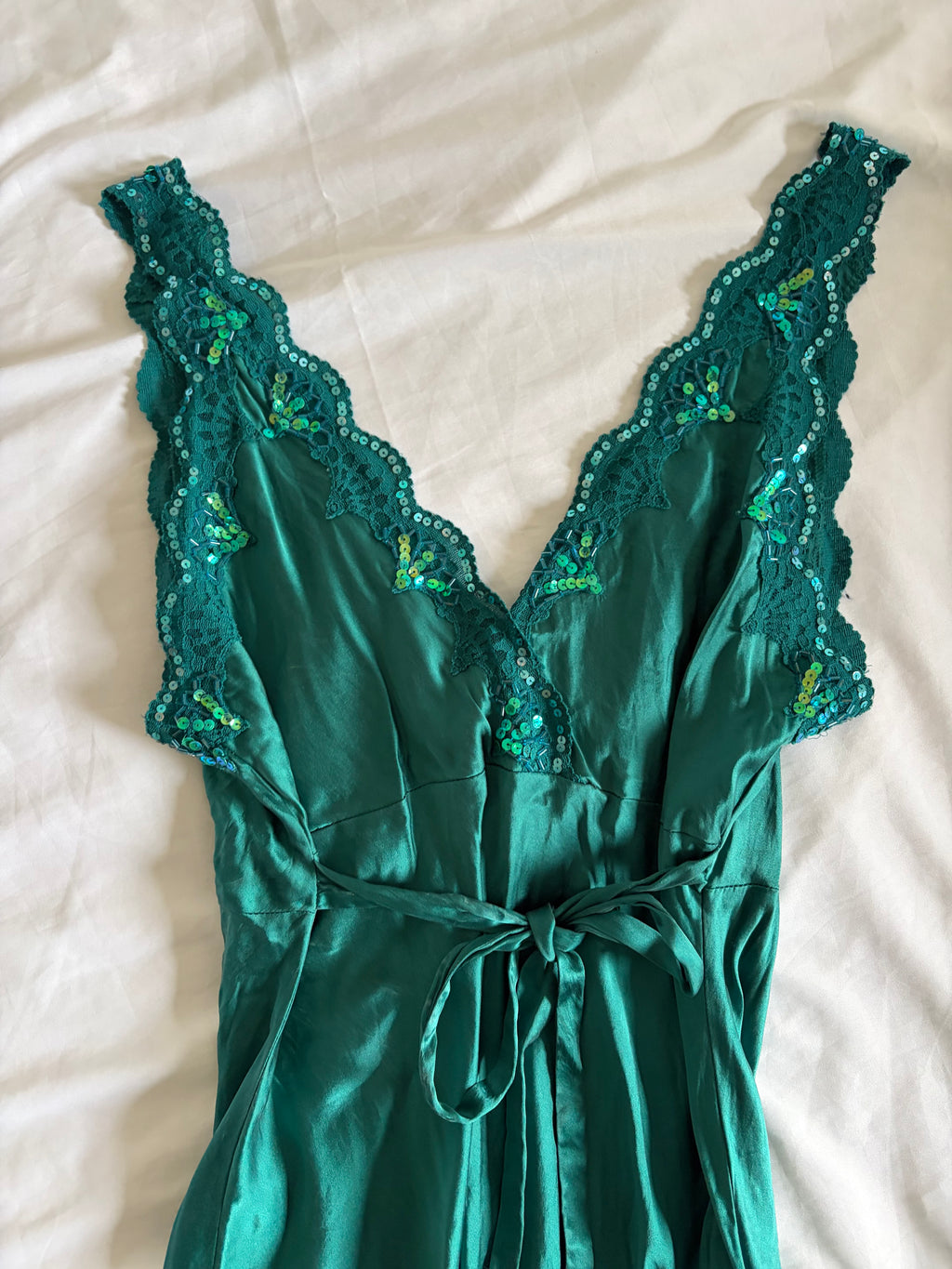 Vintage 1990s Oasis Silk Teal Beaded Mini Slip Dress