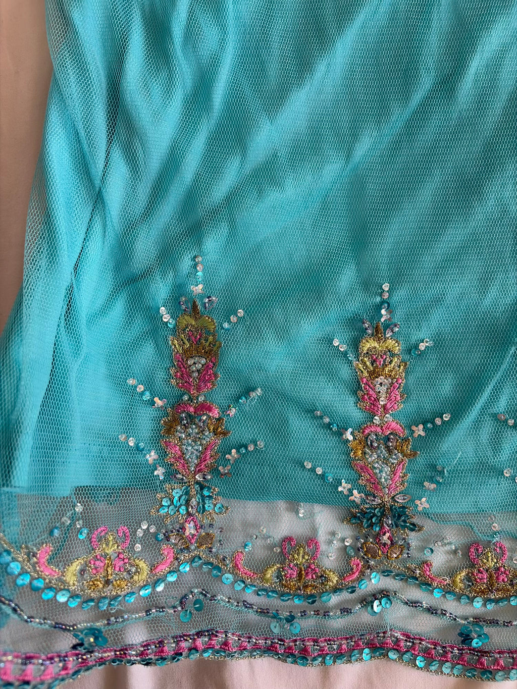 Vintage Y2K Teal Turquoise Mesh Cami Overlay with Embroidery Beads and Sequins