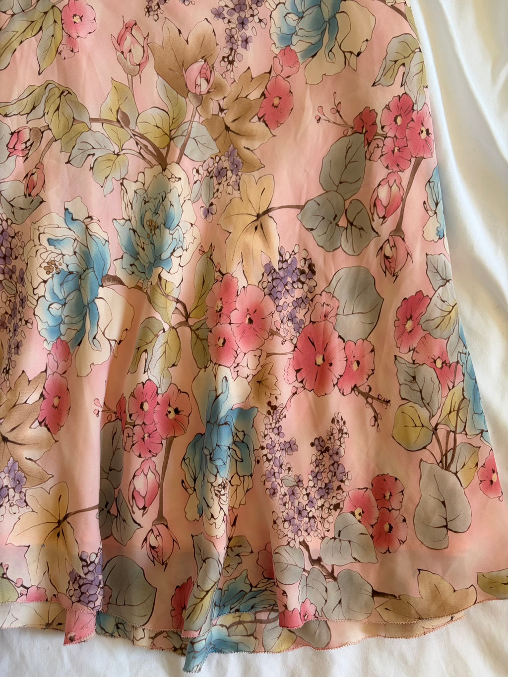 Vintage Y2K pastel silk floral midi skirt with ruffle hem