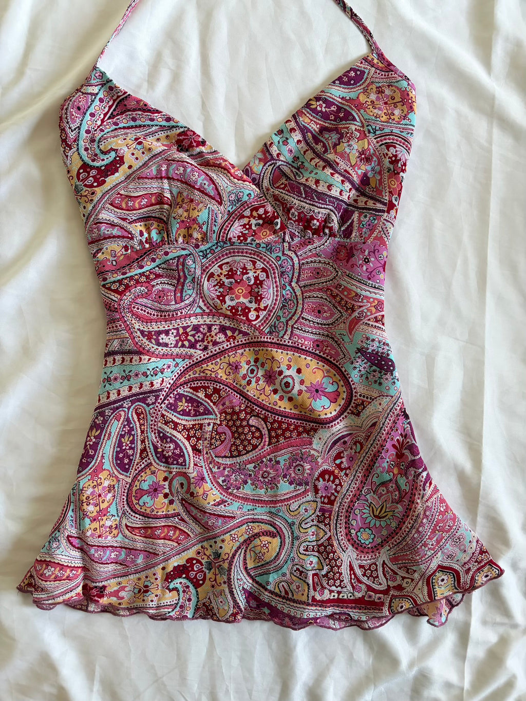 Vintage Y2K pink paisley halterneck cami with floaty fairy hem