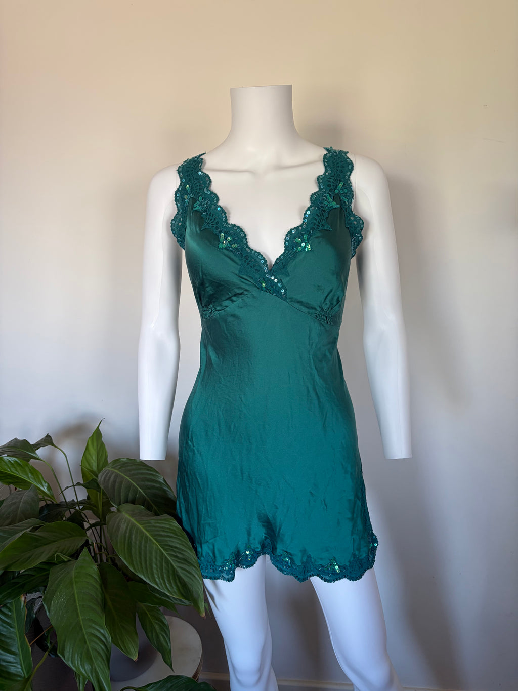 Vintage 1990s Oasis Silk Teal Beaded Mini Slip Dress
