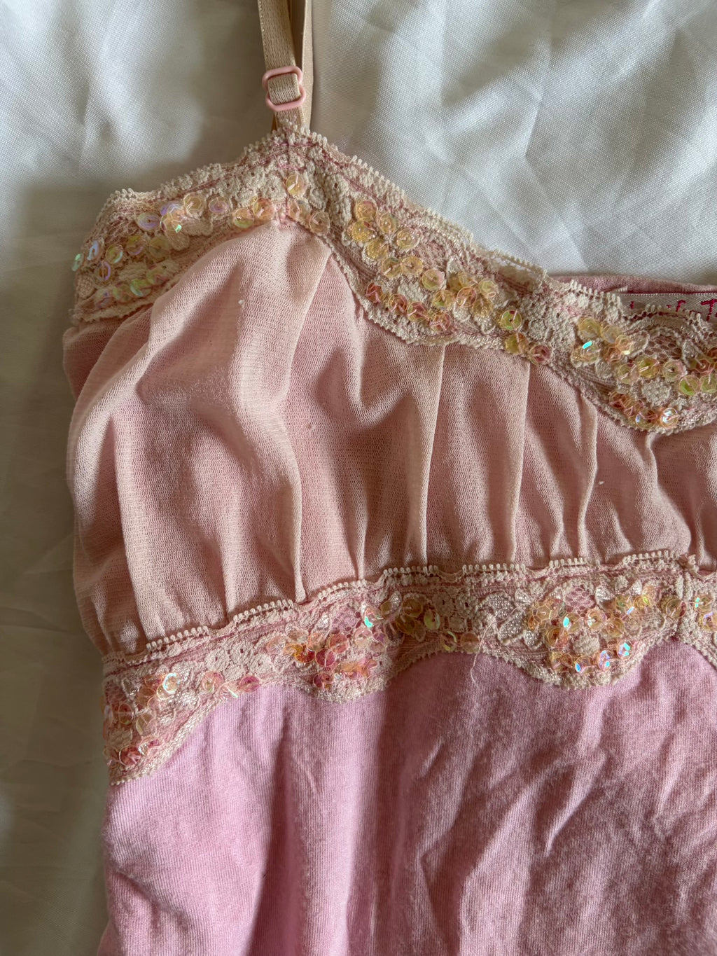 Vintage Y2K Baby Pink Cami with Holographic Sequins