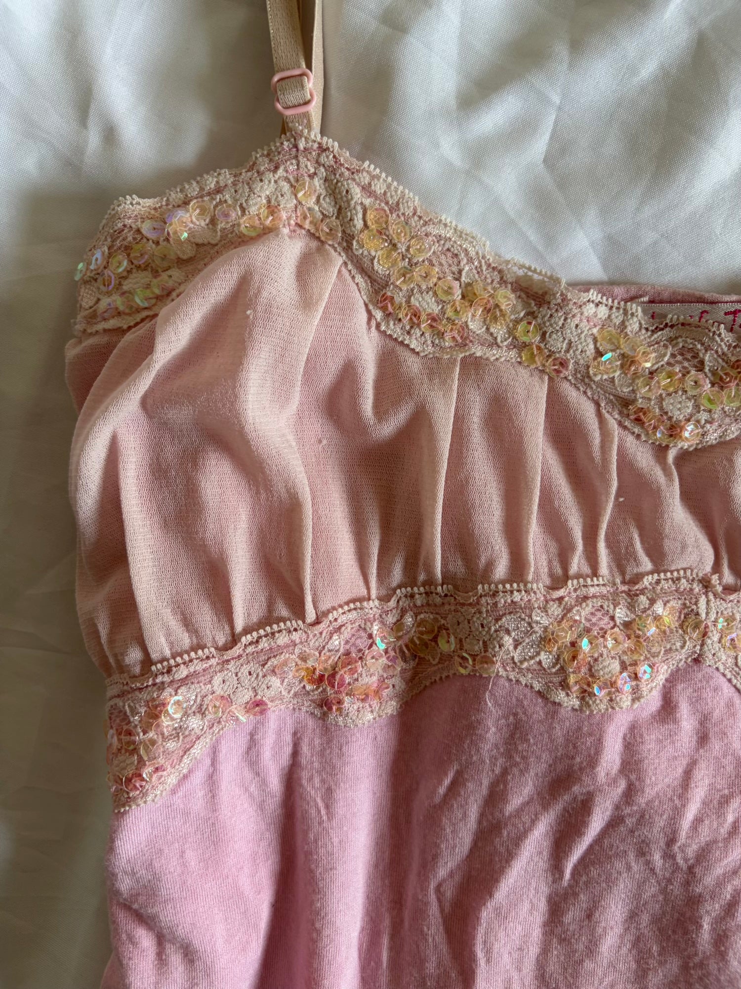 Vintage Y2K Baby Pink Cami with Holographic Sequins