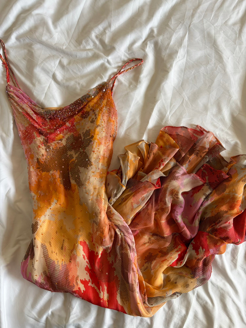Vintage Y2K Rare Silk Asymmetrical Hem Sunset Orange, Red and Brown Midi Dress with Beads and Sequins