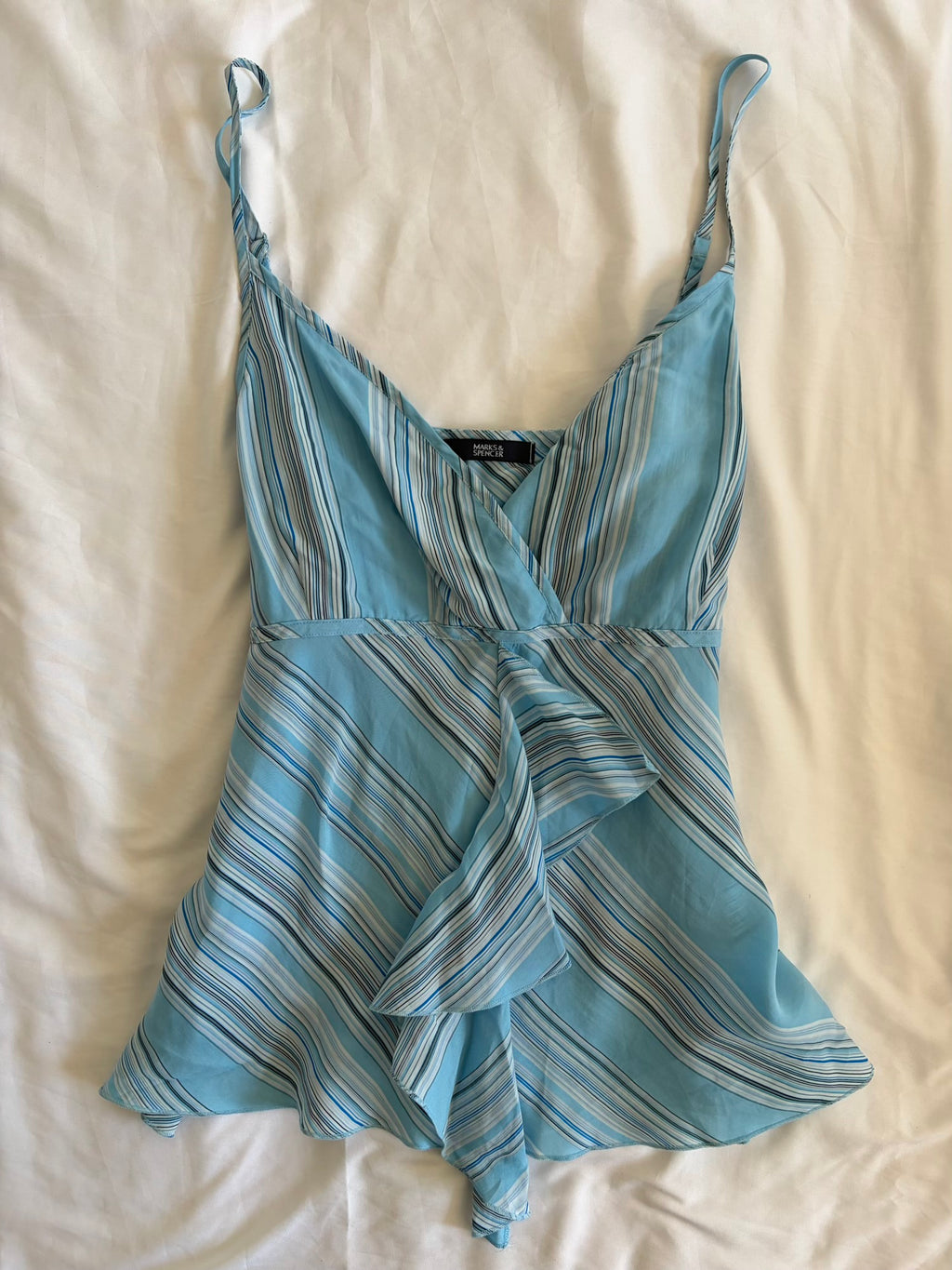Vintage 1990s Blue Pinstripe Cami with Ruffle Detail