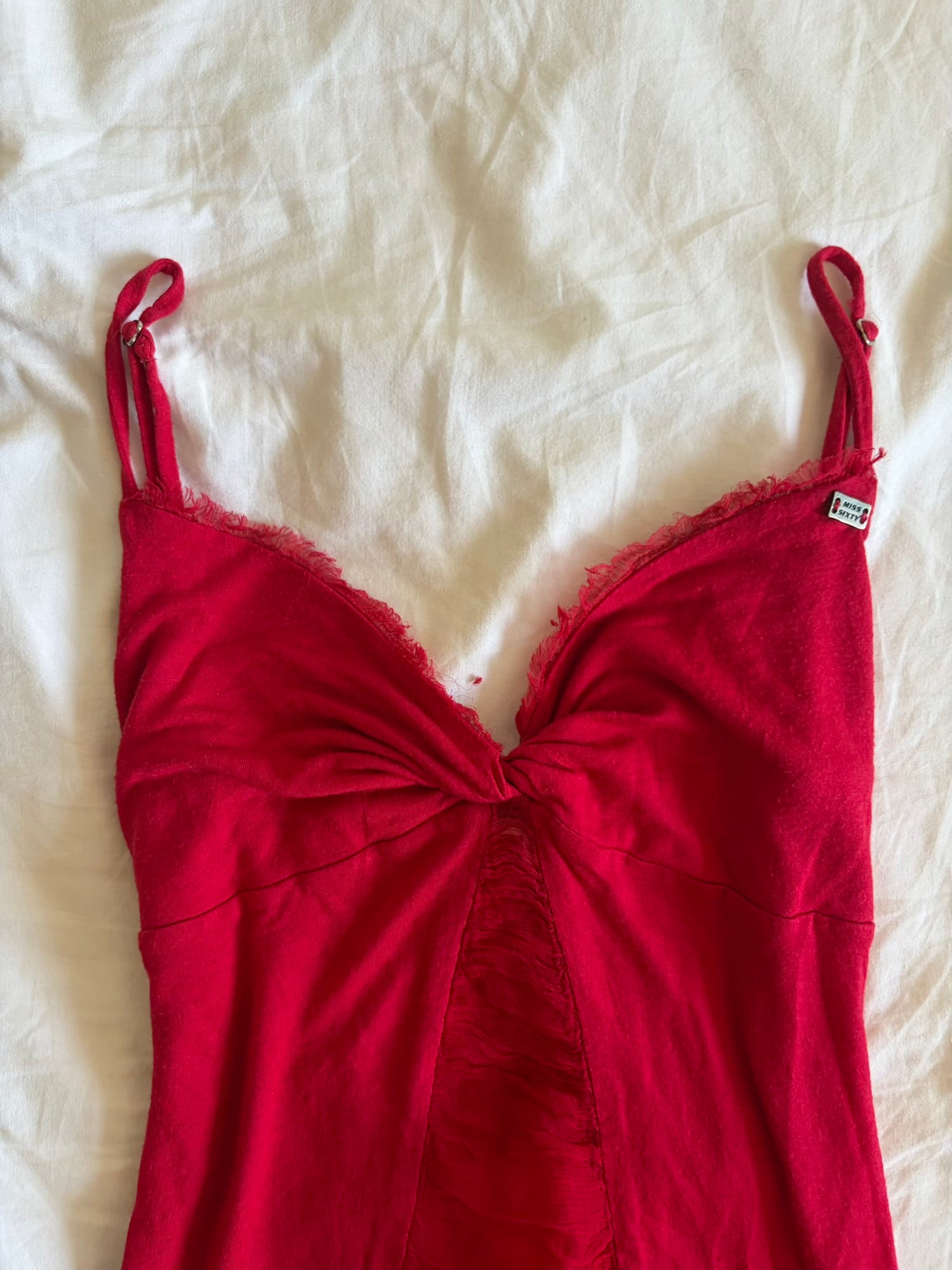 Vintage 1990s Miss Sixty red knot bust cami with contrast panel silver badge