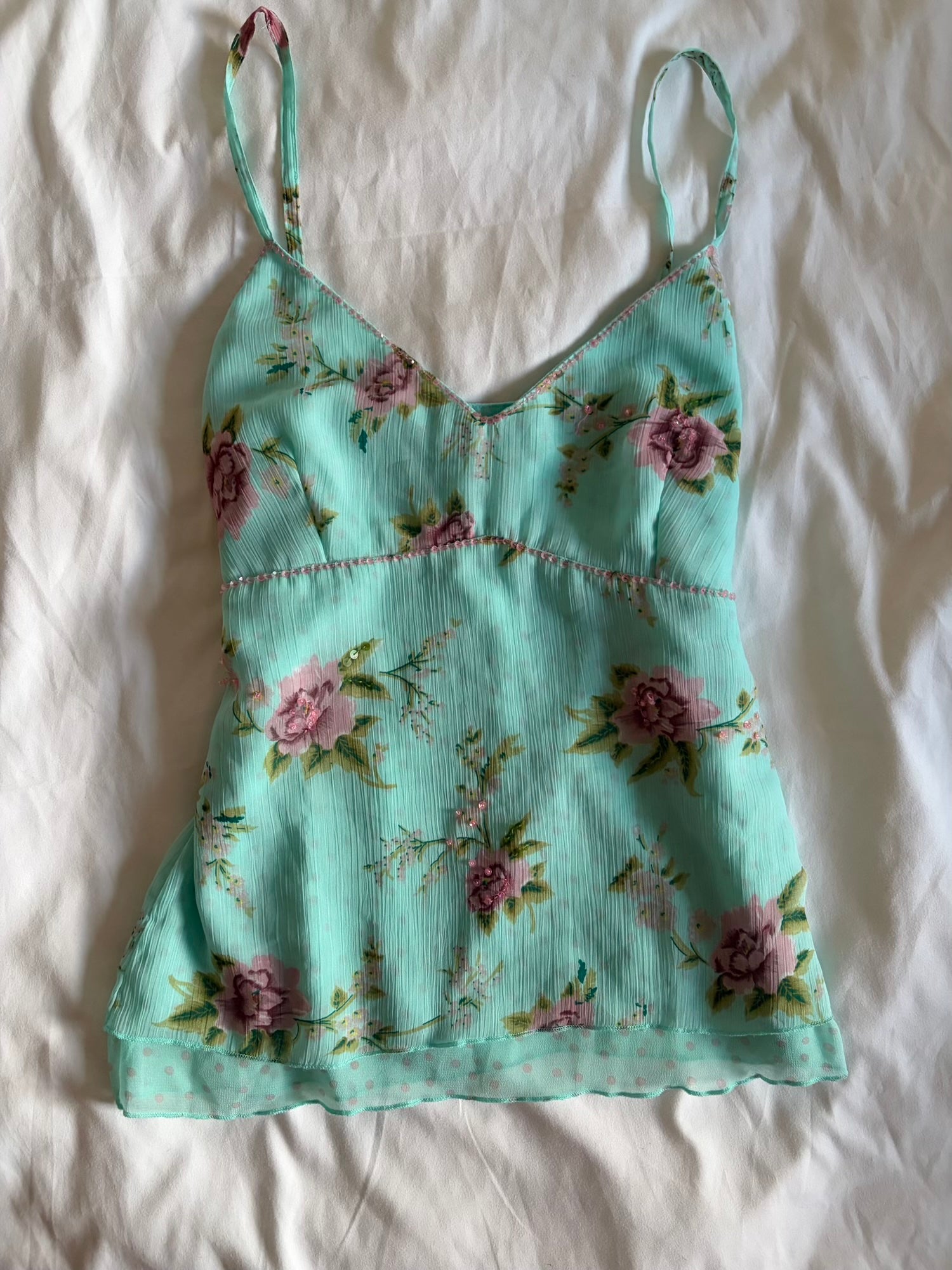 Vintage Y2K blue floral pink sequin and beaded cami