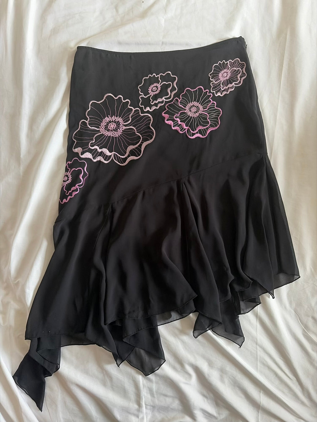 Vintage 1990s Black Asymmetrical Hem Mesh Skirt with Rose Pink Embroidery