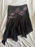 Vintage 1990s Black Asymmetrical Hem Mesh Skirt with Rose Pink Embroidery