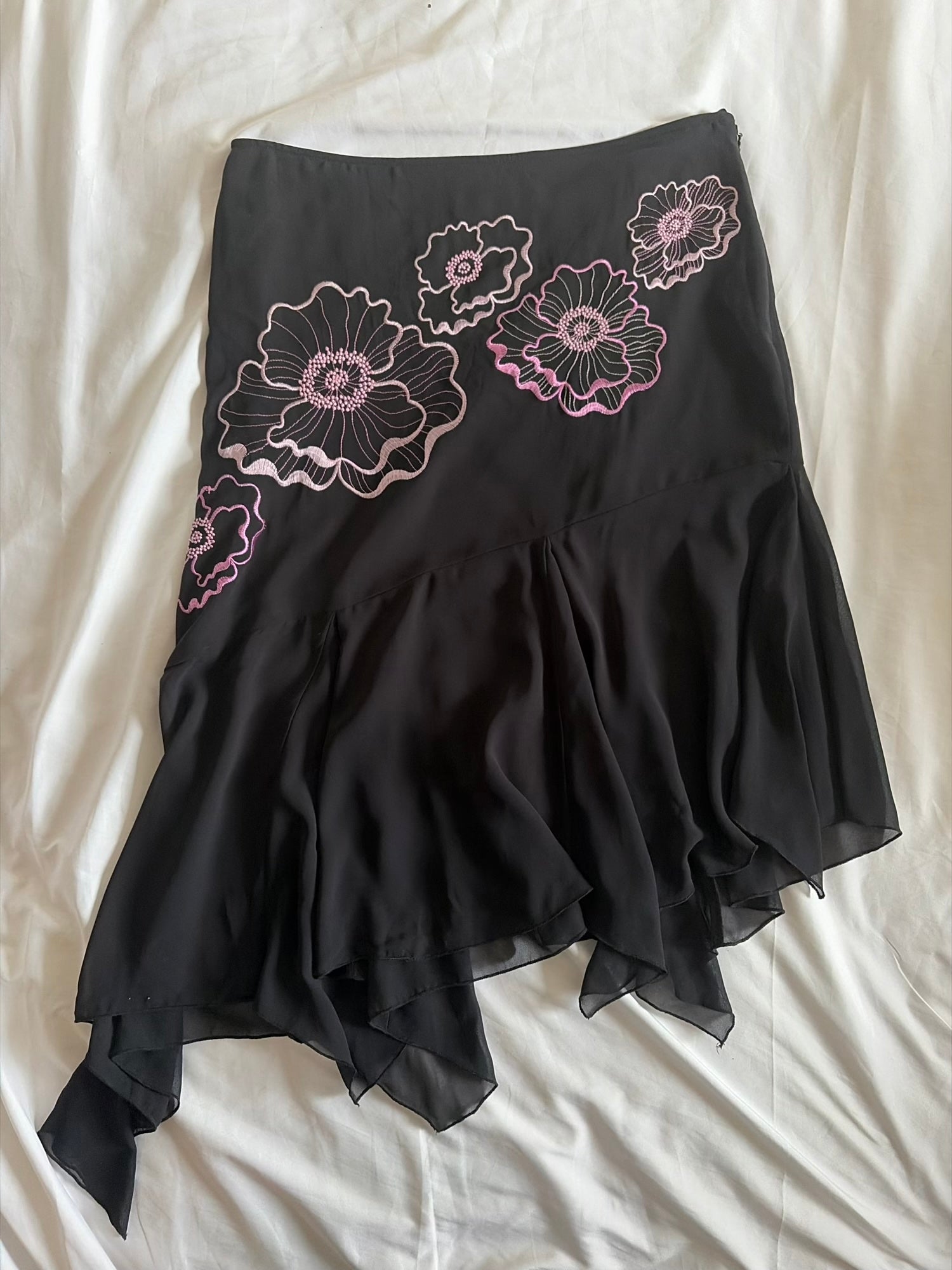 Vintage 1990s Black Asymmetrical Hem Mesh Skirt with Rose Pink Embroidery