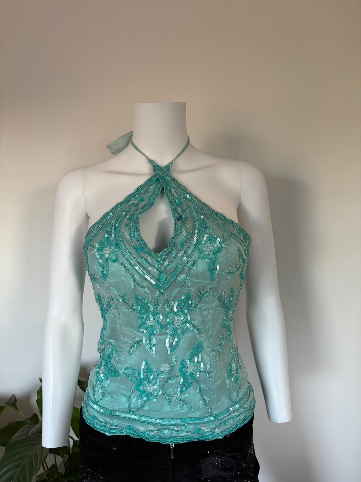 Vintage 2000s Aftershock Silk Aqua Blue Beaded Corset-Style Halter