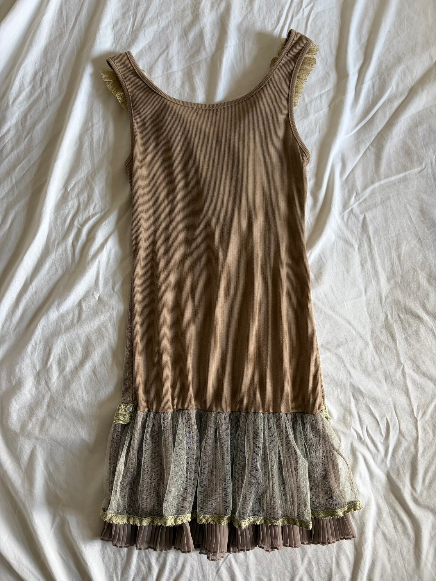 Vintage Y2K Beige Mini Dress with Mesh Polka Dot Hem and Ribbon