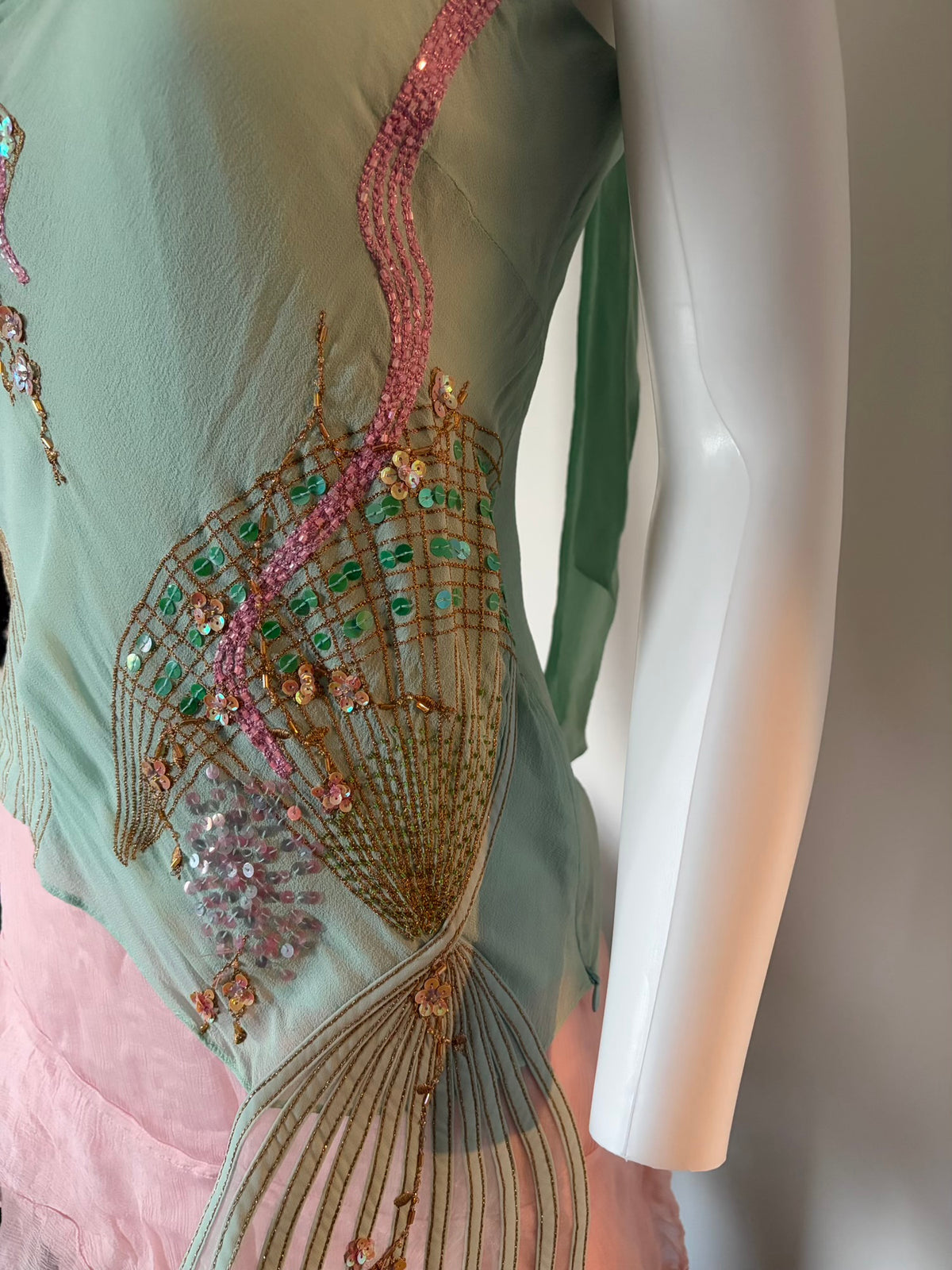 Rare 2004 Karen Millen Silk Turquoise Blouse with Fan Beadwork and Draped Fringe