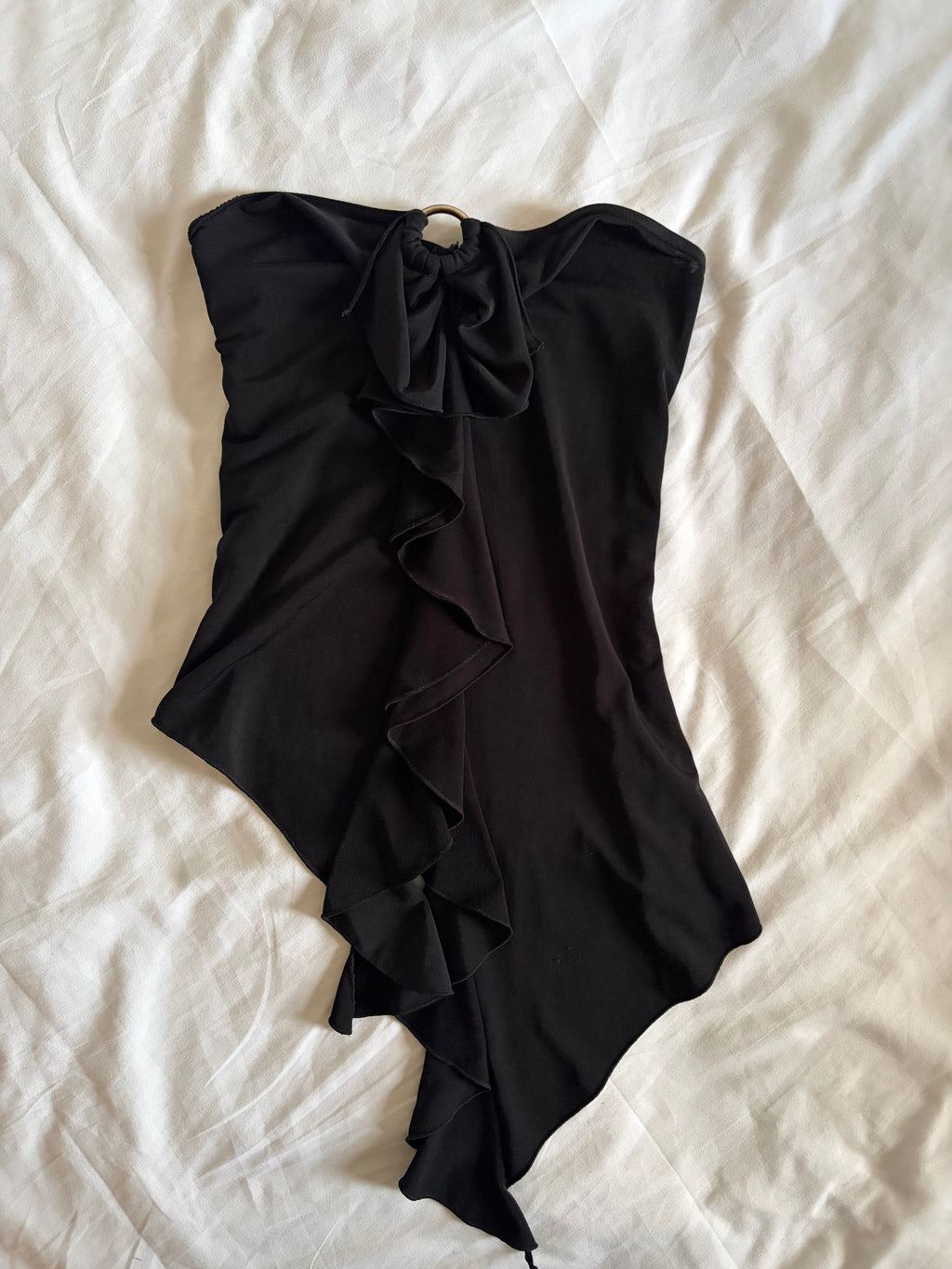 Vintage 1990s Black Waterfall Ruffle Asymmetrical Hem Bandeau Cami with O-Ring