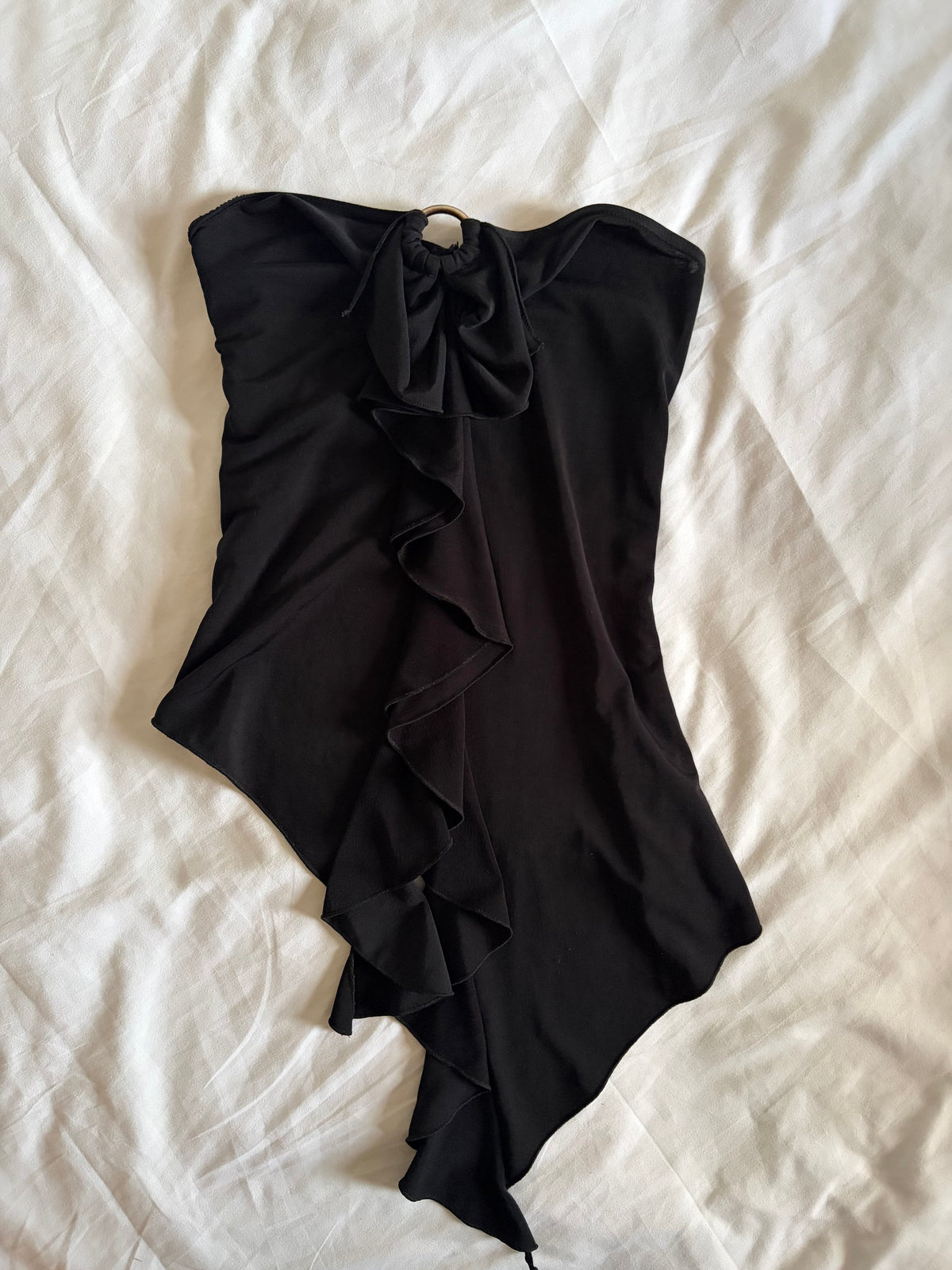 Vintage 1990s Black Waterfall Ruffle Asymmetrical Hem Bandeau Cami with O-Ring