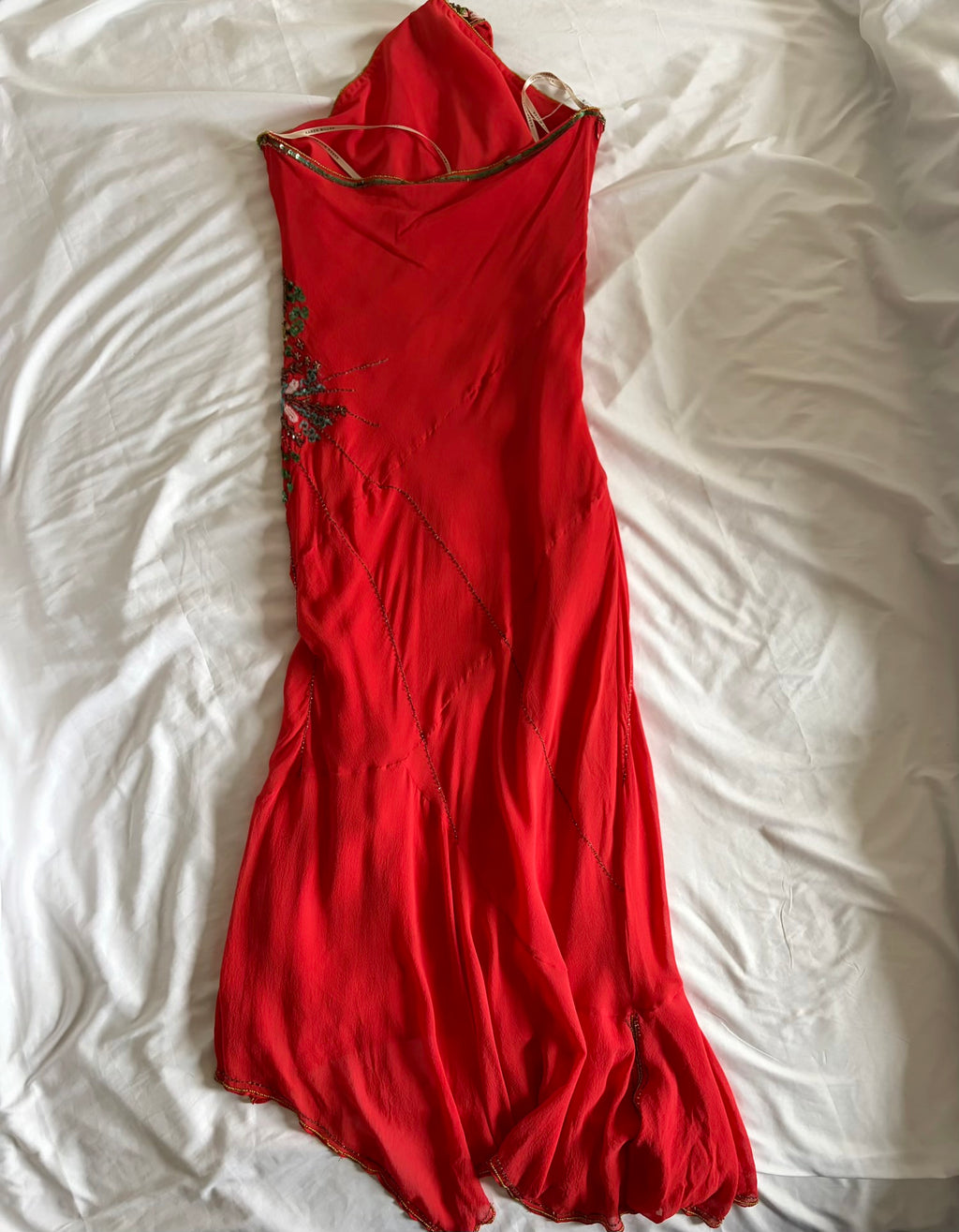 Vintage 2004 Karen Millen Red Silk Asymmetrical Hem Halterneck Dress with Beadwork