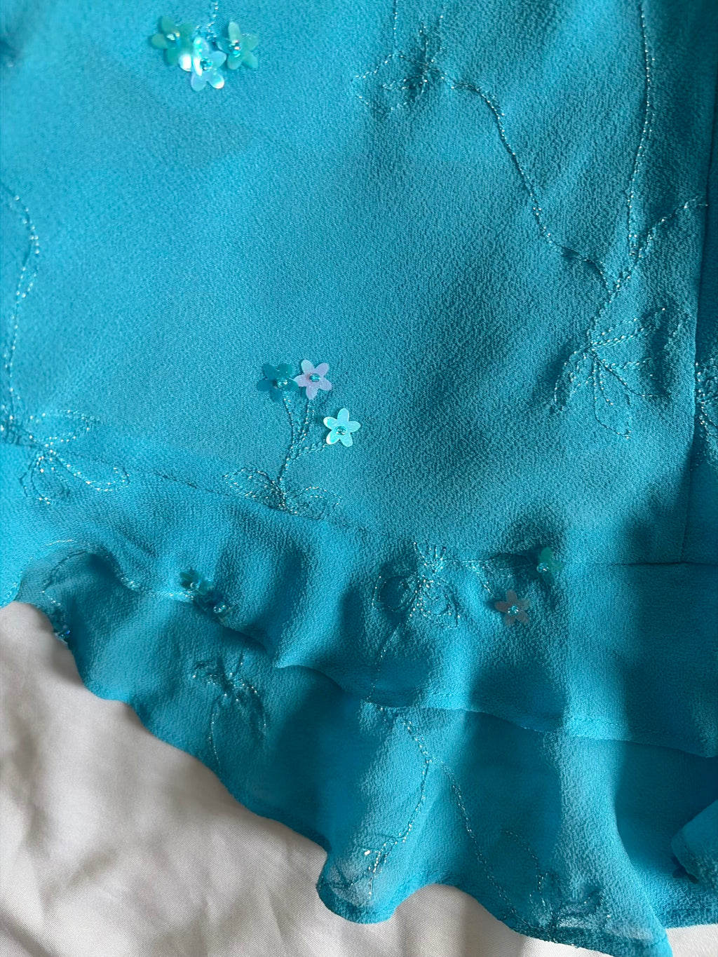Vintage 1990s Turquoise Silk Asymmetrical Hem Dress with Mini Flowers and Beads