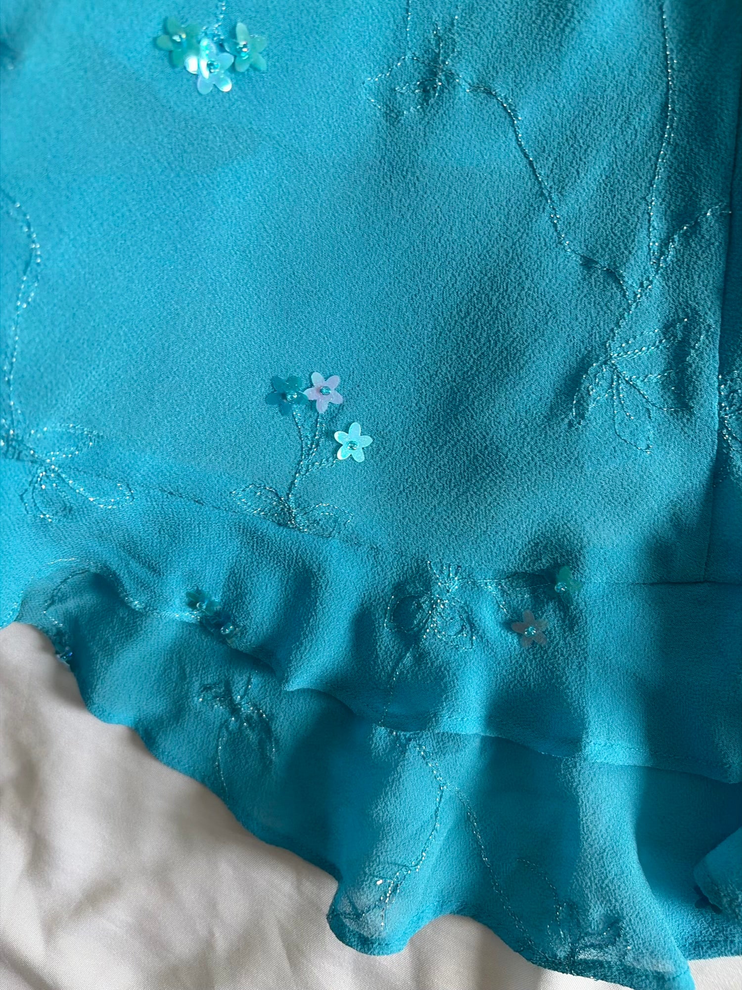 Vintage 1990s Turquoise Silk Asymmetrical Hem Dress with Mini Flowers and Beads