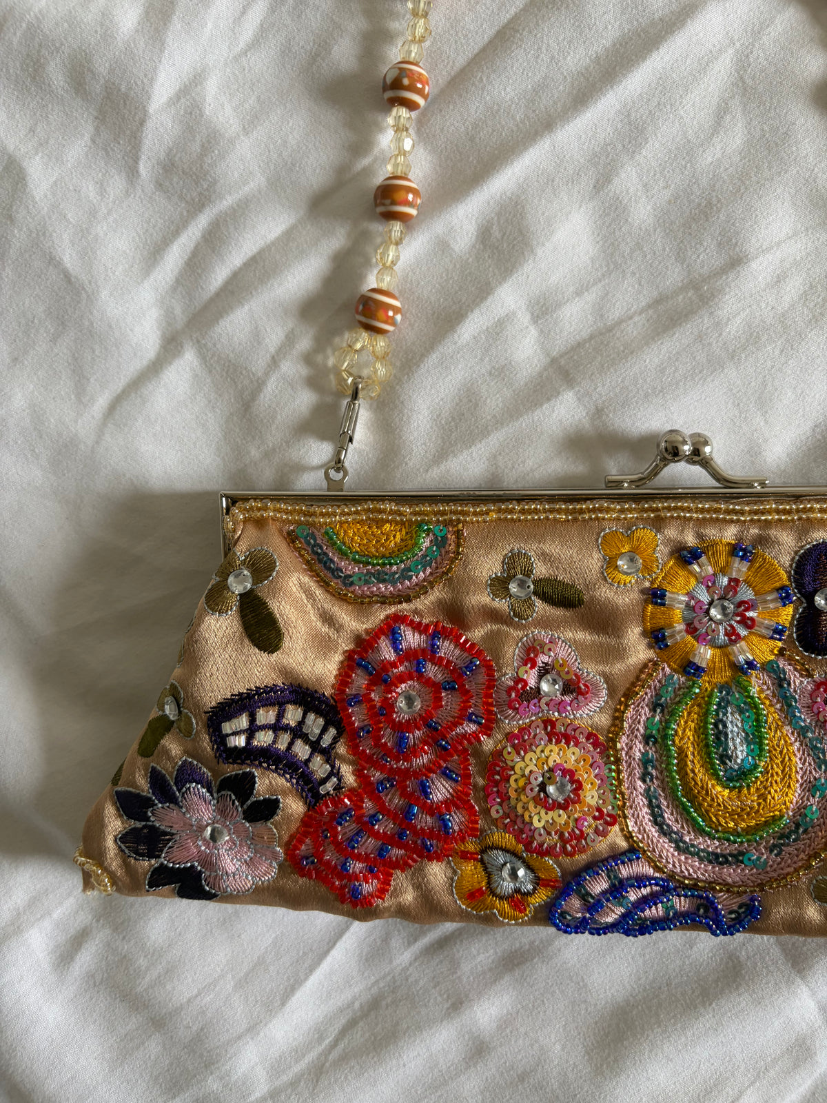 Vintage 2000s Champagne Beaded Bag with Beaded Handle