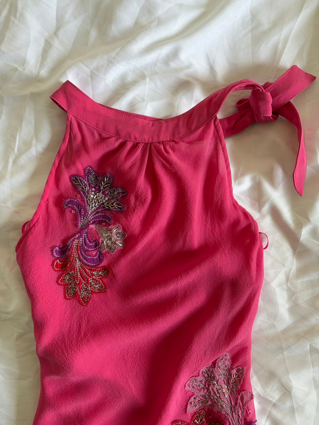 Vintage Y2K Silk Pink Halterneck with Floral Embroidery, Sequins and Beads