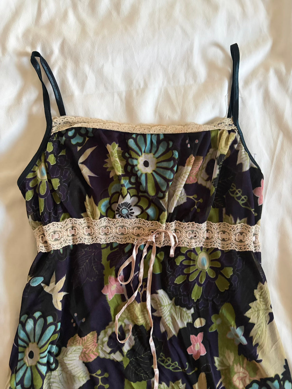 Vintage Y2K Japanese navy floral mesh overlay cami with ribbon bust detail